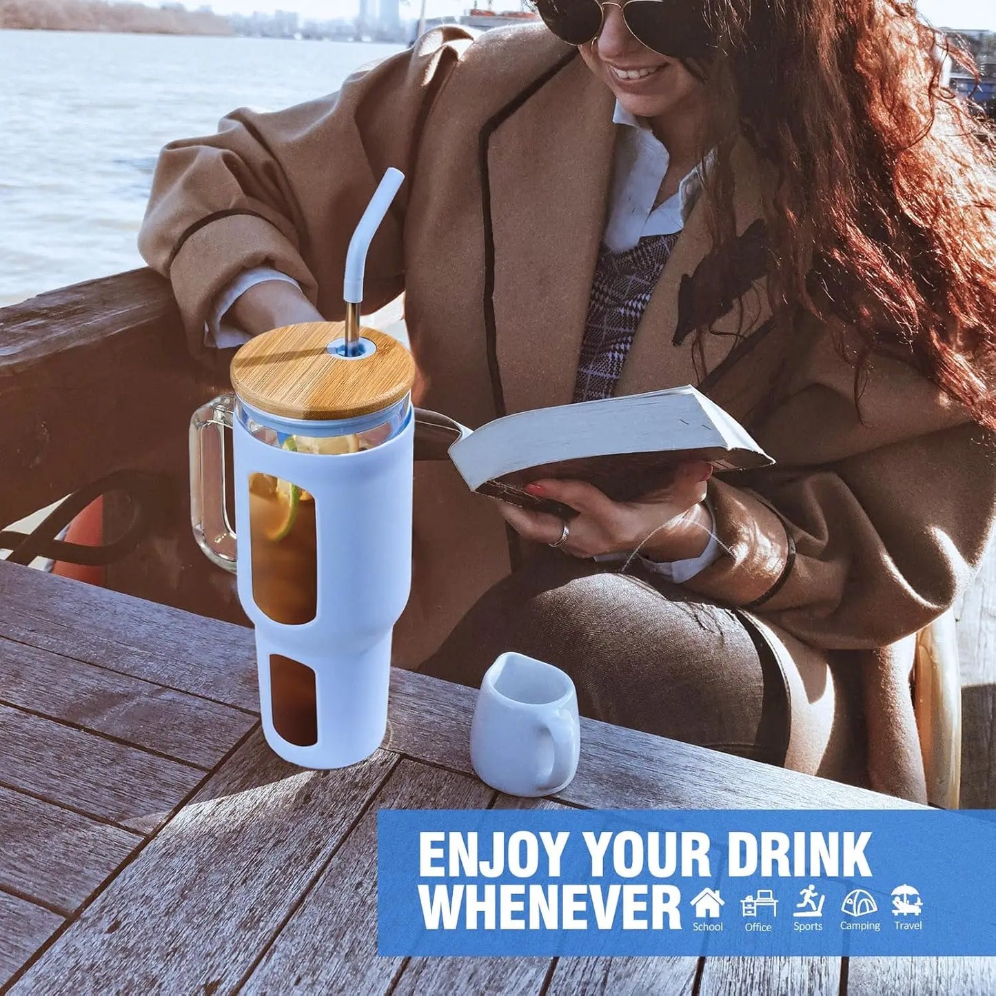 46oz Glass Tumbler with Lid, Straw & Handle - BPA Free, Dishwasher Safe for Iced Coffee and Water