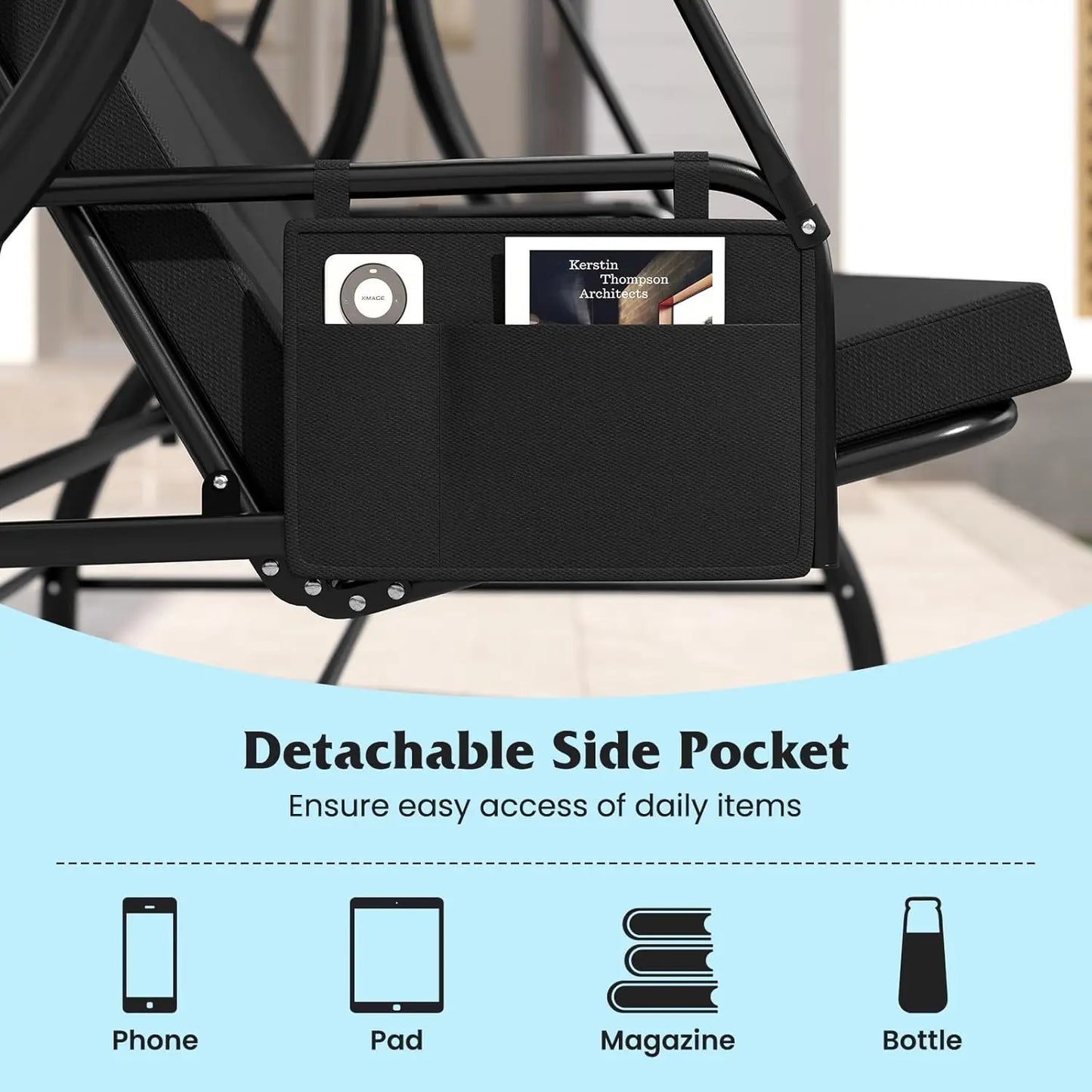 3 Person Porch Swing, 2-in-1 Convertible Outdoor Swing with Adjustable Canopy, Removable Cushions, Metal Frame,, Customized