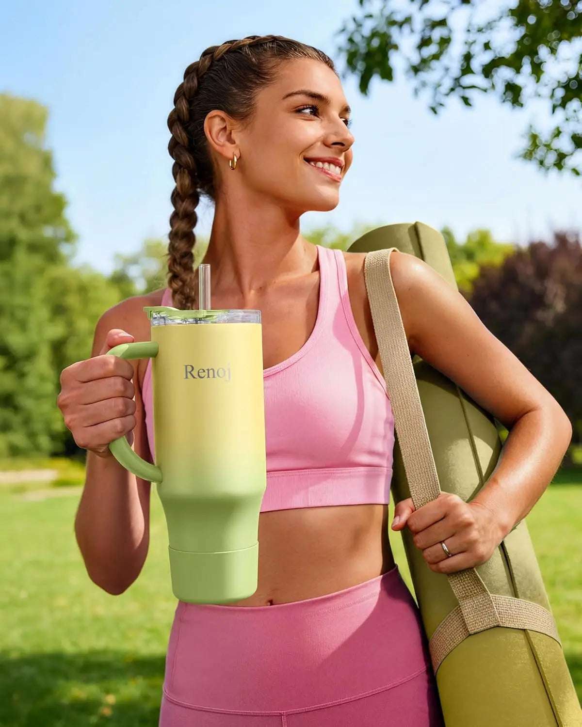 Leak-Proof Insulated Tumbler with Handle for Hot & Iced Drinks, Fits Car Cup Holder, BPA-Free, 32 oz Green Gradient