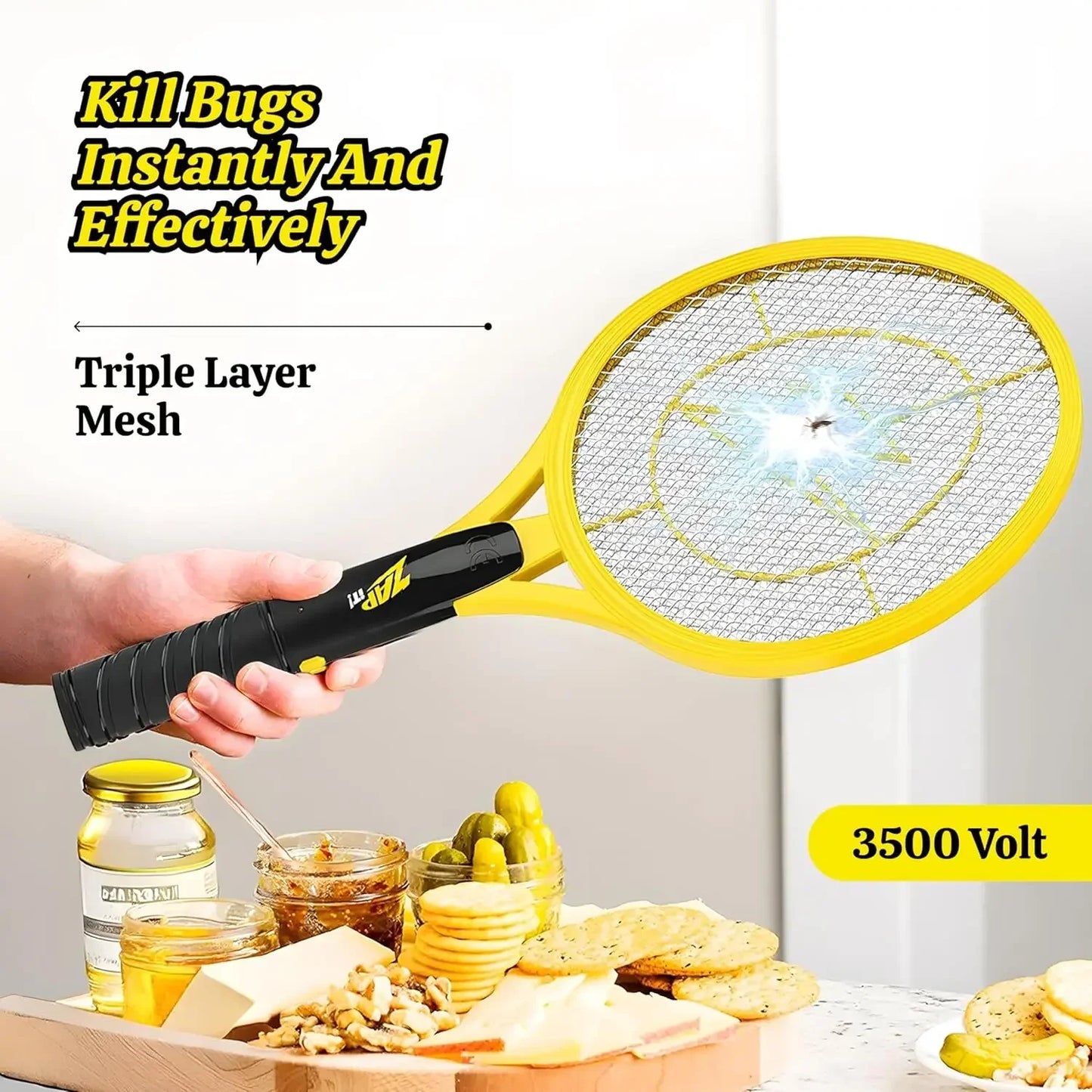 Electric Fly Swatter Racket 3500 Volt Bug Zapper Battery-Powered