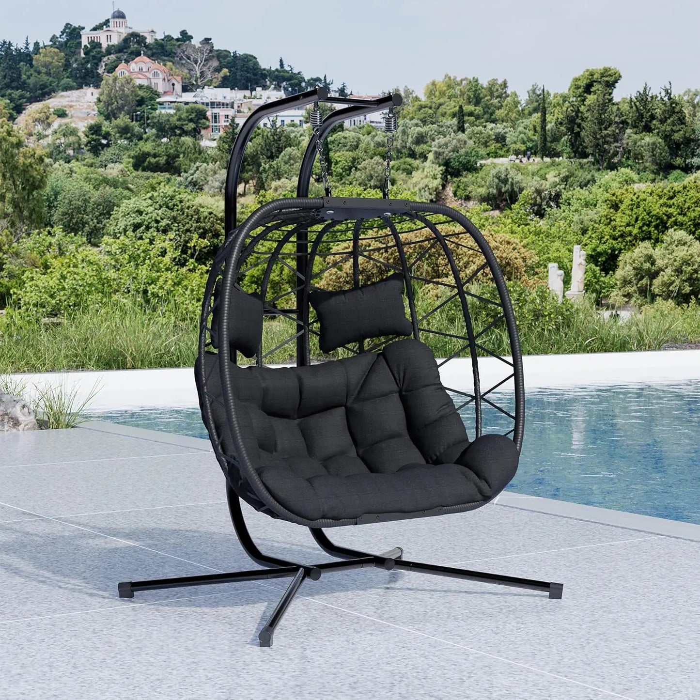 Double Swing Egg Chair with Stand, Oversized 2 Person Indoor Outdoor Wicker Patio Basket Hanging Chair with Black, Customized