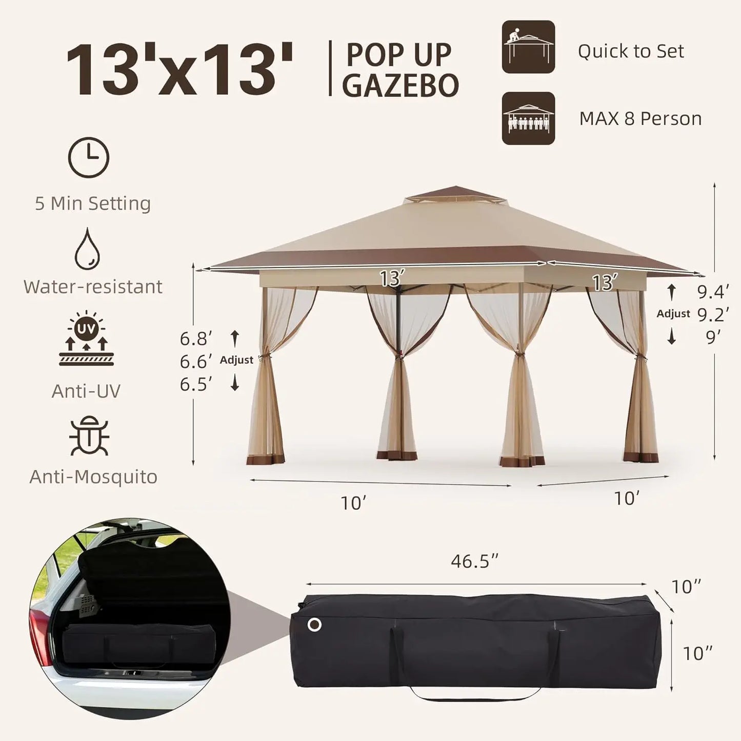 13x13 Pop Up Gazebo with Mosquito Netting, Easy 1-Person Setup, Water-Resistant Backyard Canopy for Family Patio, Customized