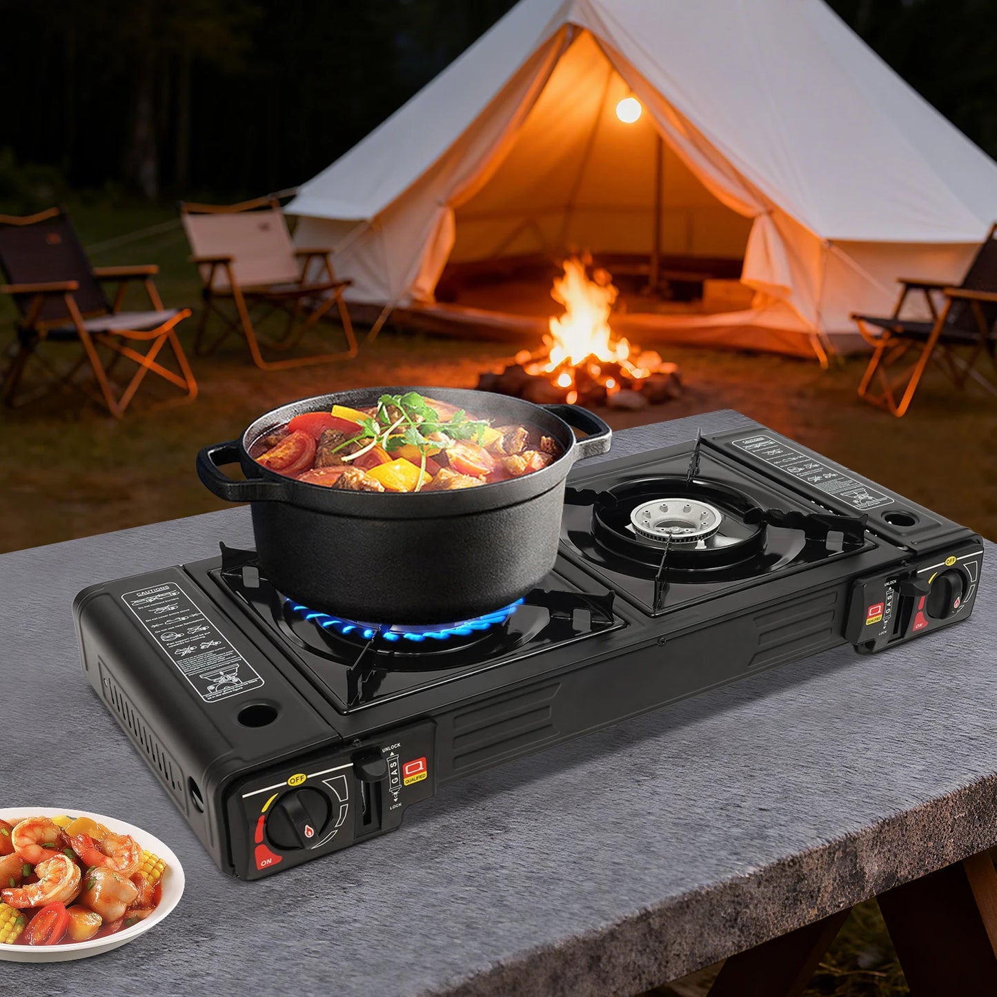 2 Burners Portable Gas Stove with Piezo Ignition and Carrying Case 2x2500W High Power LPG/Butane for Camping Picnics Parties