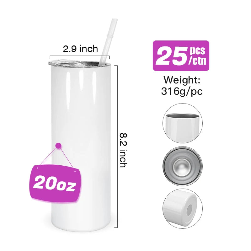 25pcs 20oz Sublimation Blank Skinny Tumbler Straight Skinny Tumbler Stainless Steel Insulated Tumblers With Plastic Straws Wang