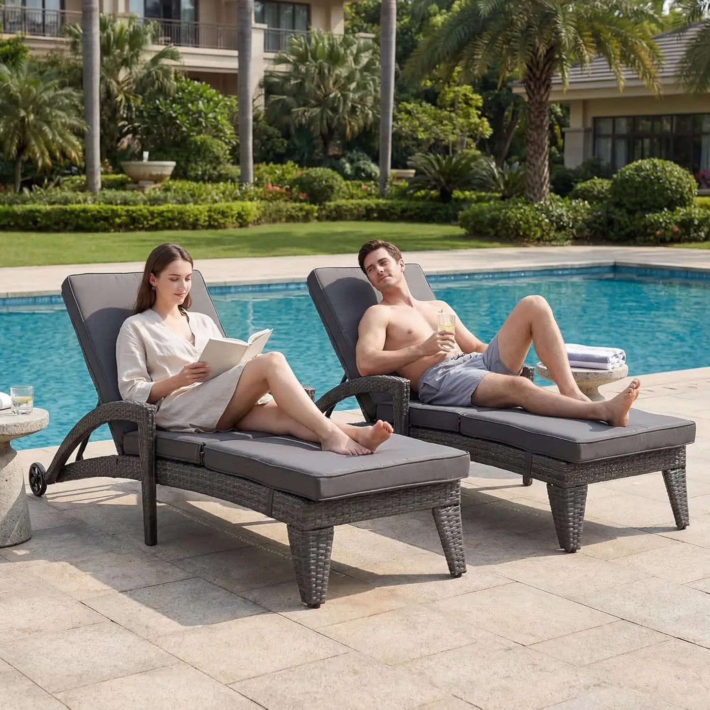 4-Position Adjustable Upholstered Chaise Lounge Set 2 Wicker Reclining Chair Wheels Pool Deck Beach Yard, Custom