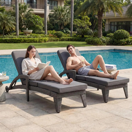 4-Position Adjustable Upholstered Chaise Lounge Set 2 Wicker Reclining Chair Wheels Pool Deck Beach Yard, Custom