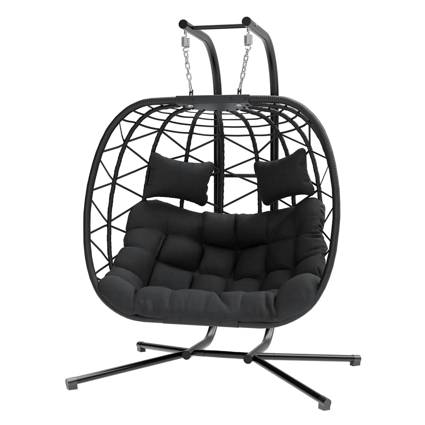 Double Swing Egg Chair with Stand, Oversized 2 Person Indoor Outdoor Wicker Patio Basket Hanging Chair with Black, Customized