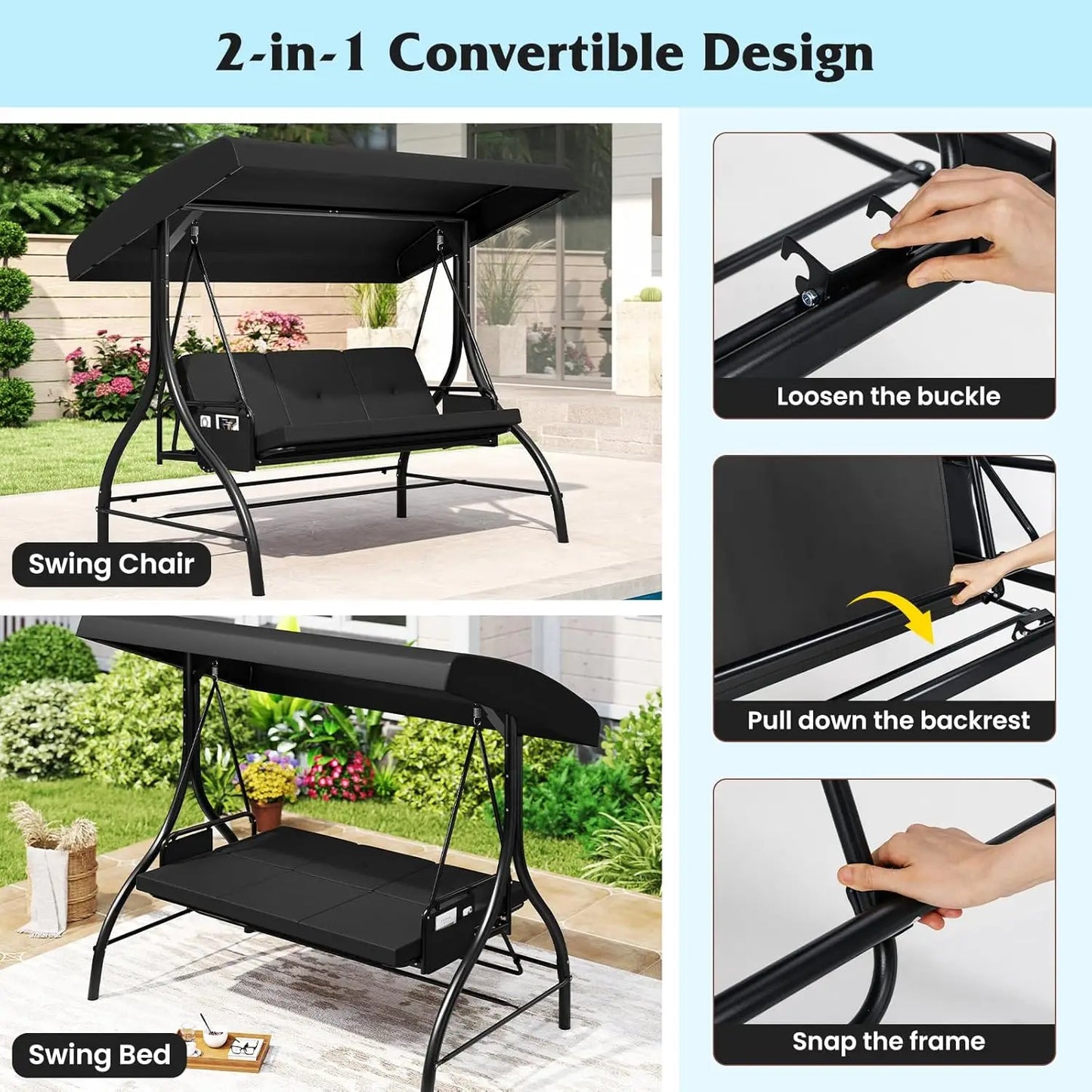 3 Person Porch Swing, 2-in-1 Convertible Outdoor Swing with Adjustable Canopy, Removable Cushions, Metal Frame,, Customized