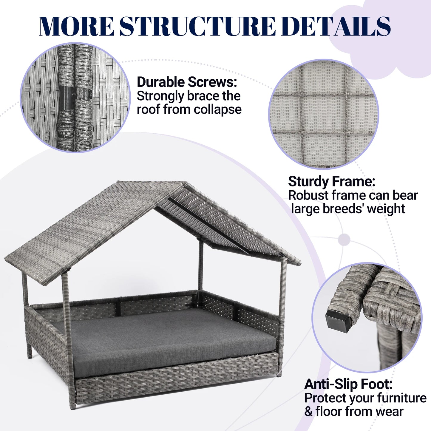 Wicker Dog House Canopy Elevated Rattan Bed Water Resistant Cushion