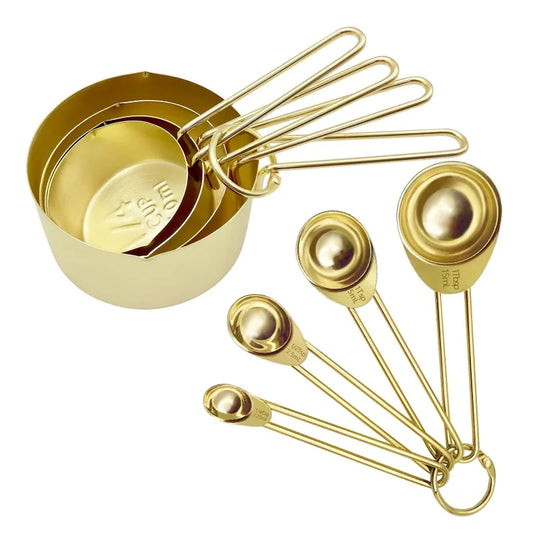 Gold Measuring Cups And Spoons 8 Pieces With Wooden Handles