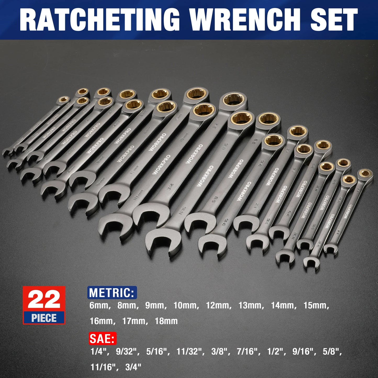 WORKPRO 21pc Ratcheting Wrench Set  with Box ,72 Teeth Wrench with Box, Wrench Repair  Tool Set