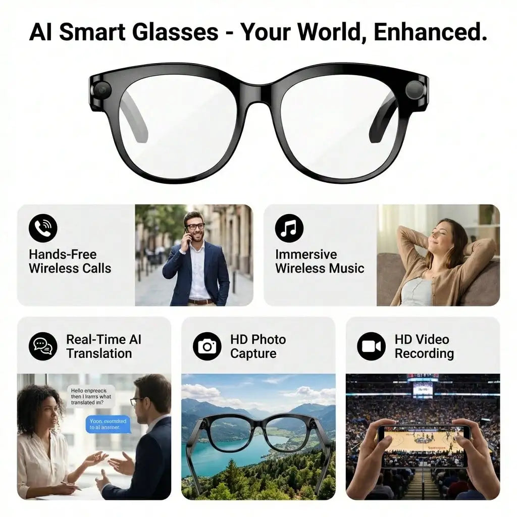 SENBONO AI Smart Glasses for Men Women 200W HD Camera 1080P 4K Video AI Voice Assistant Translation Music Playback Sunglasses