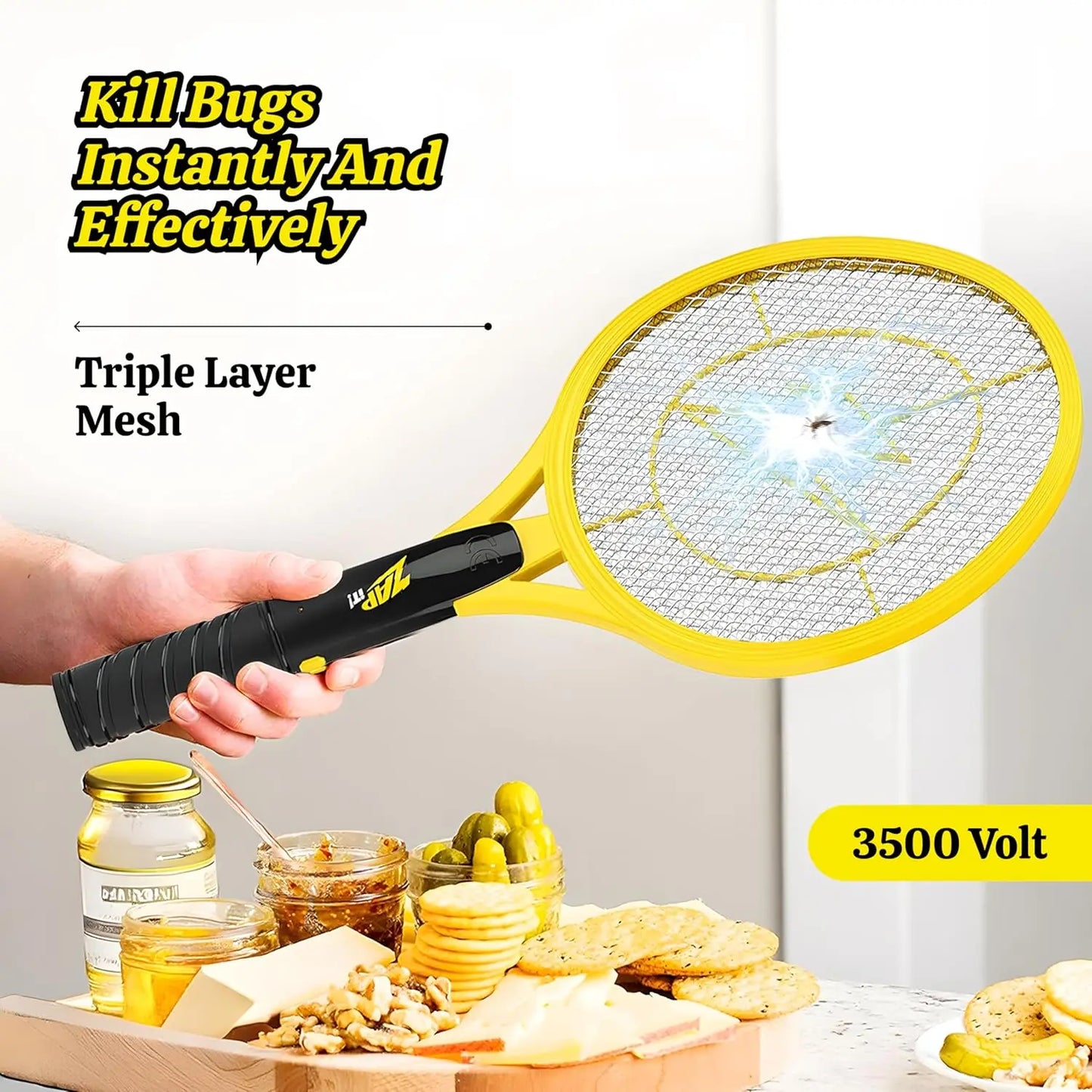 Electric Fly Swatter Racket 3500 Volt Bug Zapper Battery-Powered