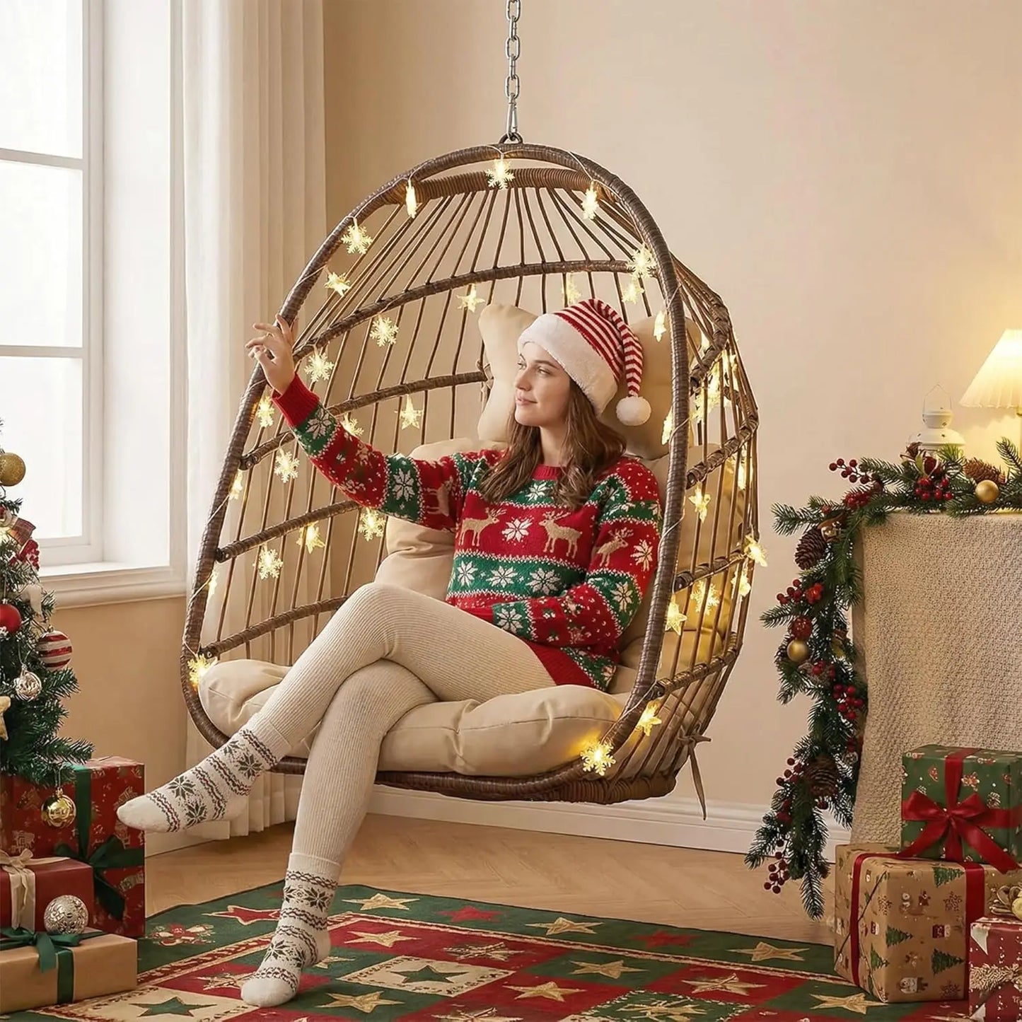 Outdoor Hanging Egg Chair Without Stand, Patio Wicker Swing Egg Basket Chairs with Padded Cushions, 350 Lbs Ceiling, Customized