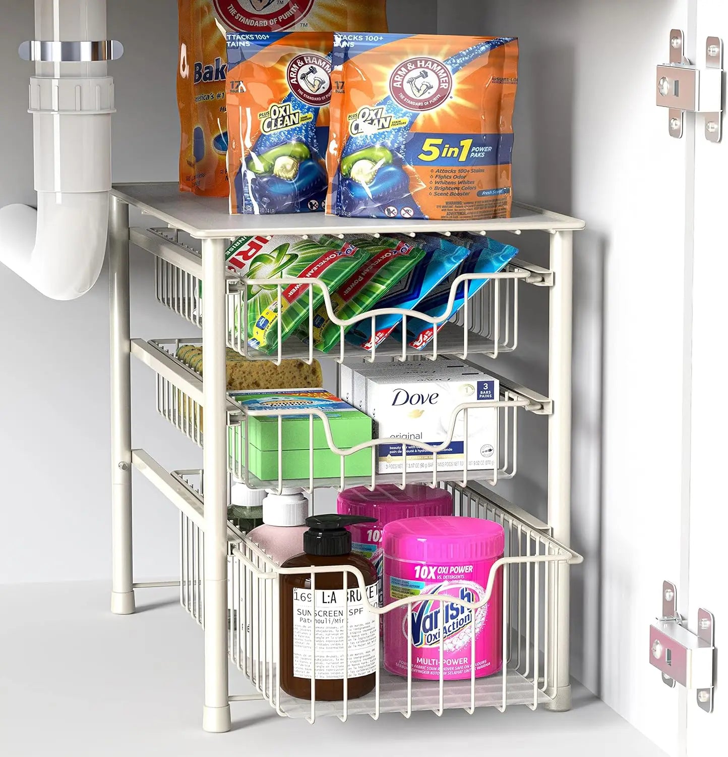 3-Tier Stackable Sliding Basket Storage Organizer Drawer for Bathroom and Kitchen, White