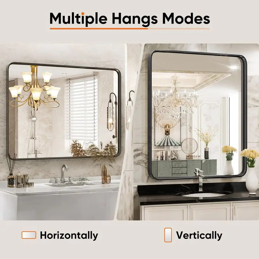 Black Vanity Bathroom Mirror for Wall, Metal Framed Rounded Rectangular Modern Mirrors for Over Sink, 30x40 Inch for Farmhouse,
