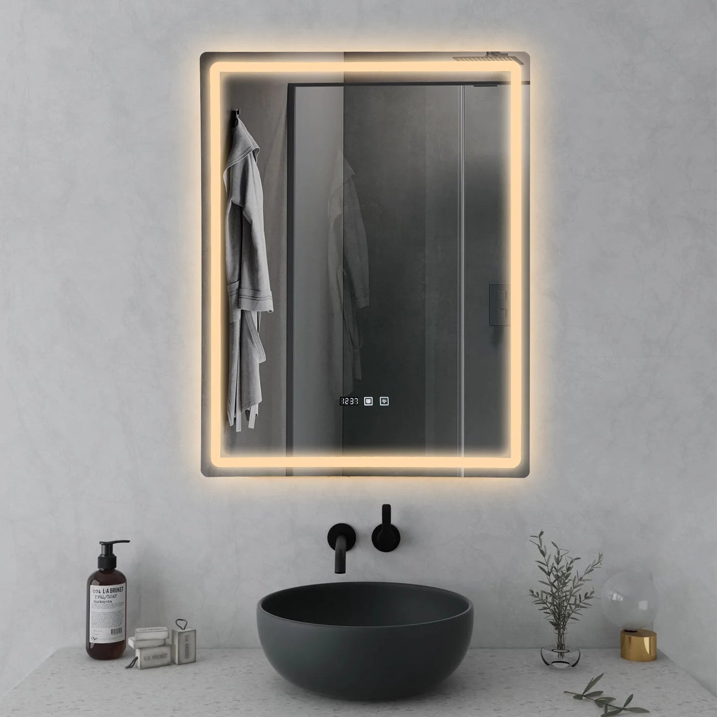Tri-Color Dimmable LED Bathroom Mirror with Display Demist Touch IP54 Waterproof Wall Mounted Rectangle Makeup Mirror 3 size