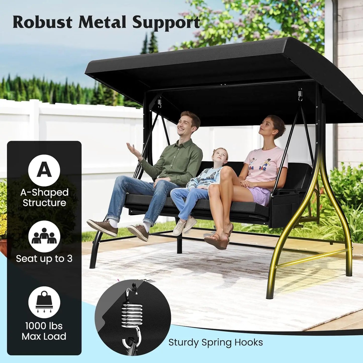 3 Person Porch Swing, 2-in-1 Convertible Outdoor Swing with Adjustable Canopy, Removable Cushions, Metal Frame,, Customized