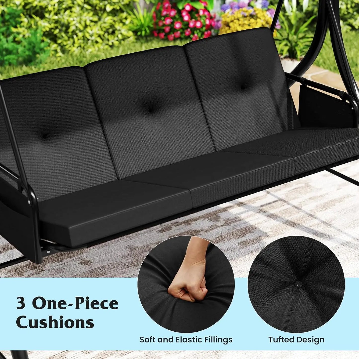 3 Person Porch Swing, 2-in-1 Convertible Outdoor Swing with Adjustable Canopy, Removable Cushions, Metal Frame,, Customized