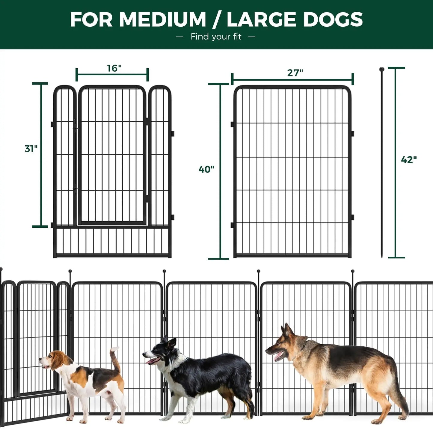 Dog Pet Fence Indoor/Outdoor,40"Height 8/16 Panels,Portable Metal Pet Exercise Pen for Rv Camping Garden Yard,Wide Door Low Thre