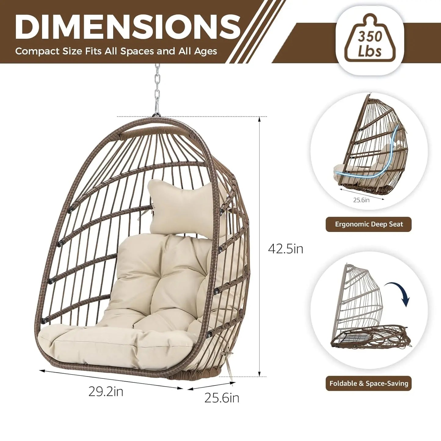 Outdoor Hanging Egg Chair Without Stand, Patio Wicker Swing Egg Basket Chairs with Padded Cushions, 350 Lbs Ceiling, Customized