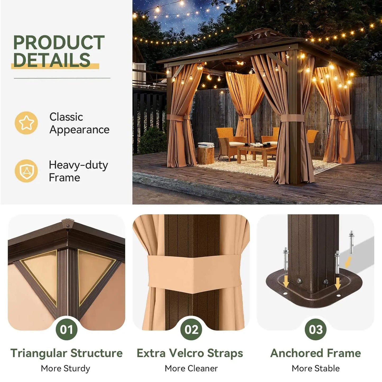 10'x10' Hardtop Gazebo, Outdoor Polycarbonate Double Top Canopy, Aluminum Frame Gazebo with Netting and Curtains,Customized