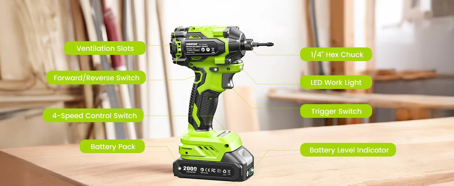 Brushless 21V Cordless Impact Driver Kit With 2.0Ah Battery