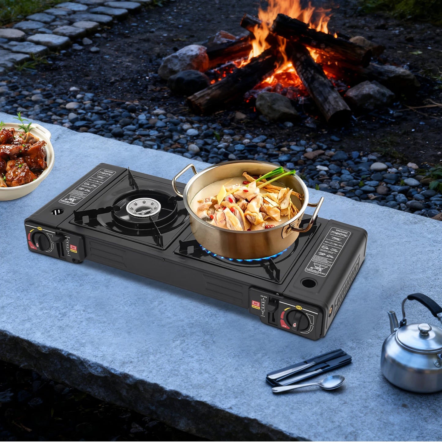 2 Burners Portable Gas Stove with Piezo Ignition and Carrying Case 2x2500W High Power LPG/Butane for Camping Picnics Parties