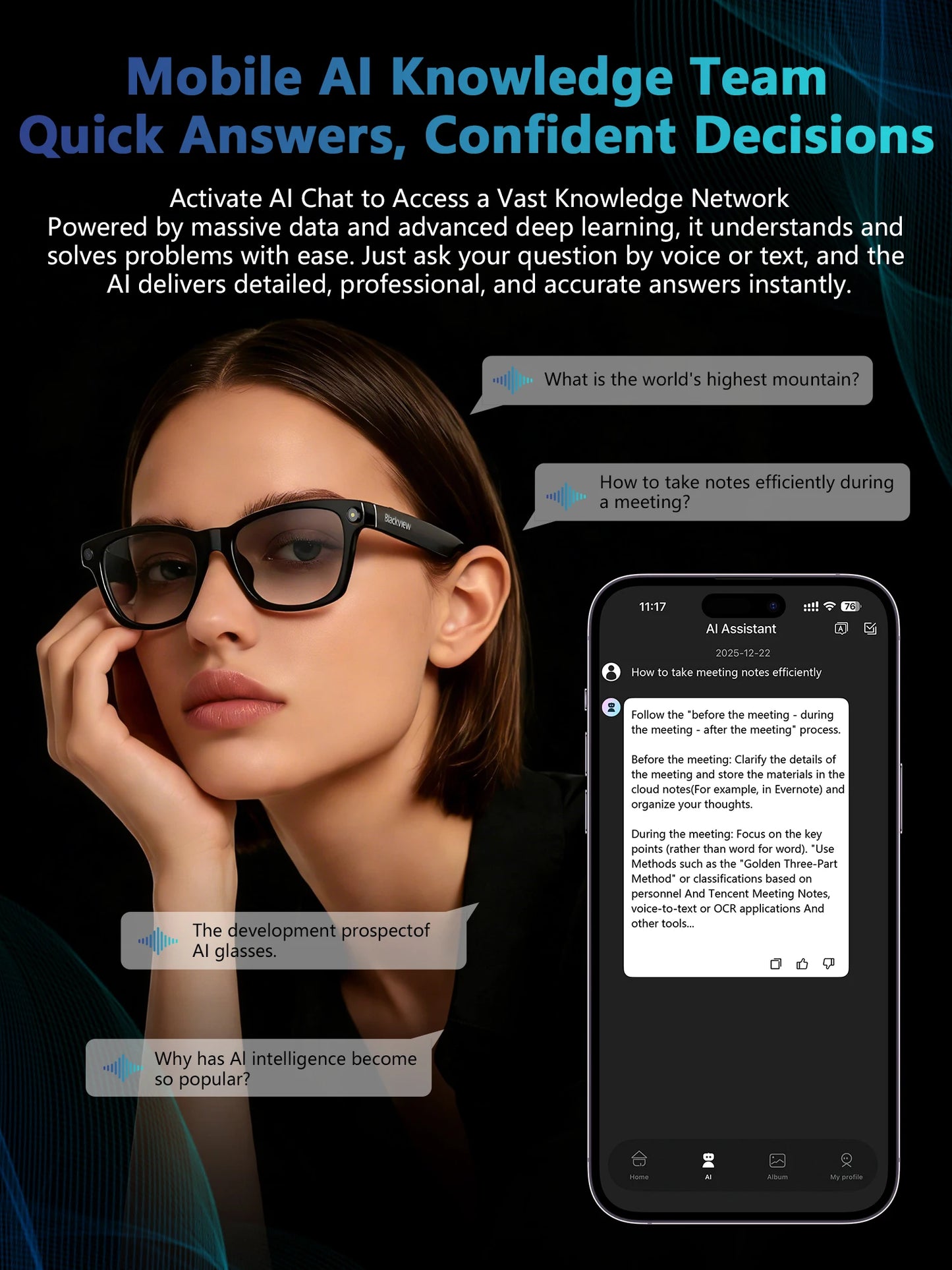 Blackview BV100 AI Smart glasses 800W Pixels 2K HD Camera Bluetooth Call Voice Assistant Translation Speakers&Mic Sunglasses