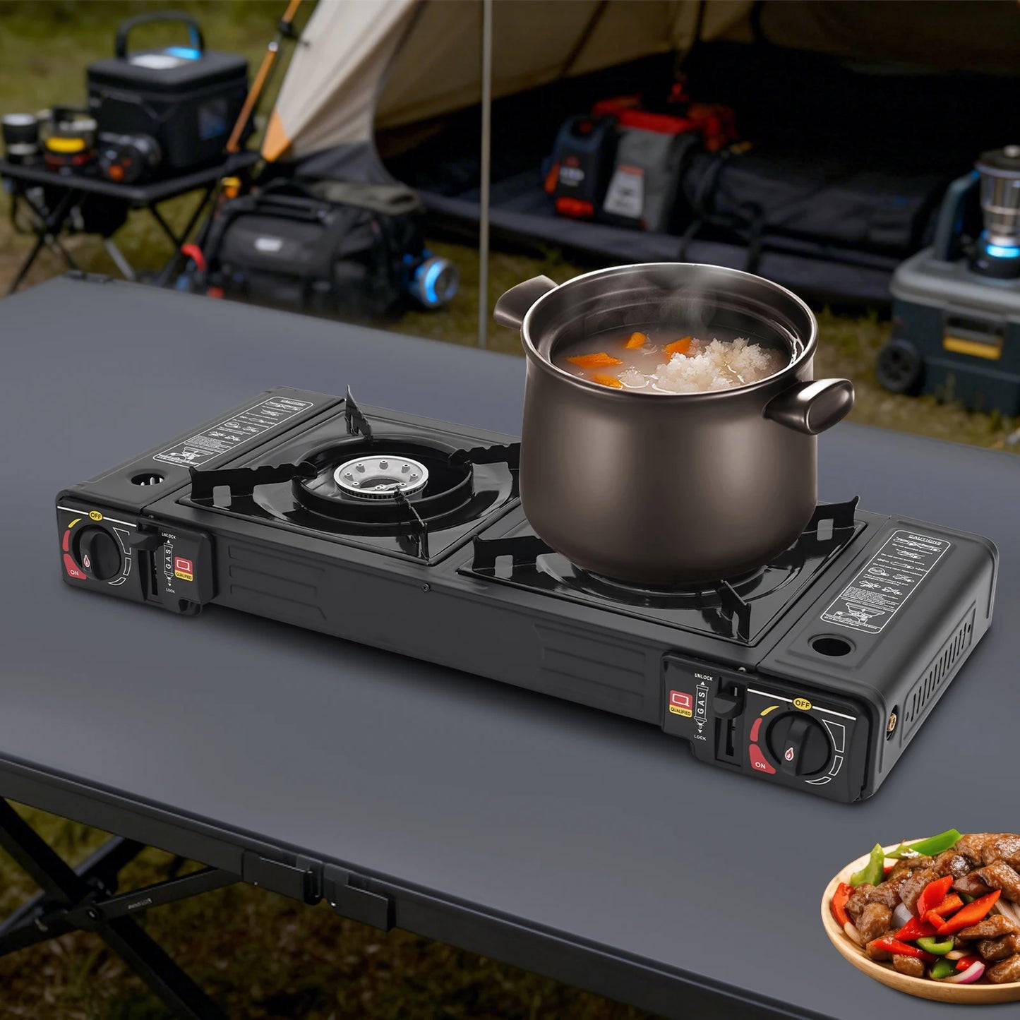 2 Burners Portable Gas Stove with Piezo Ignition and Carrying Case 2x2500W High Power LPG/Butane for Camping Picnics Parties