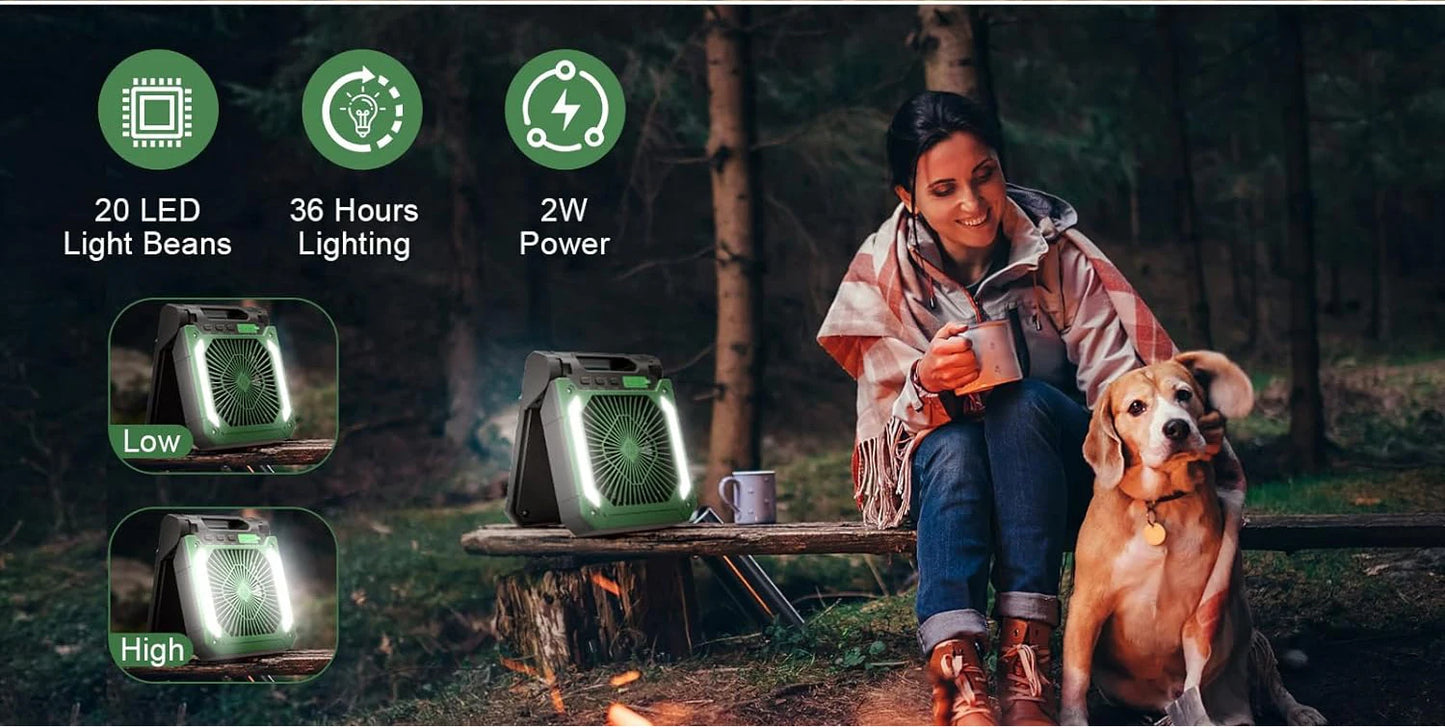 Cordless Portable Electric Fan With Led Light Tent Car Camping Hook&USB&Solar Charging For Hiking Fishing Picnic Emergency