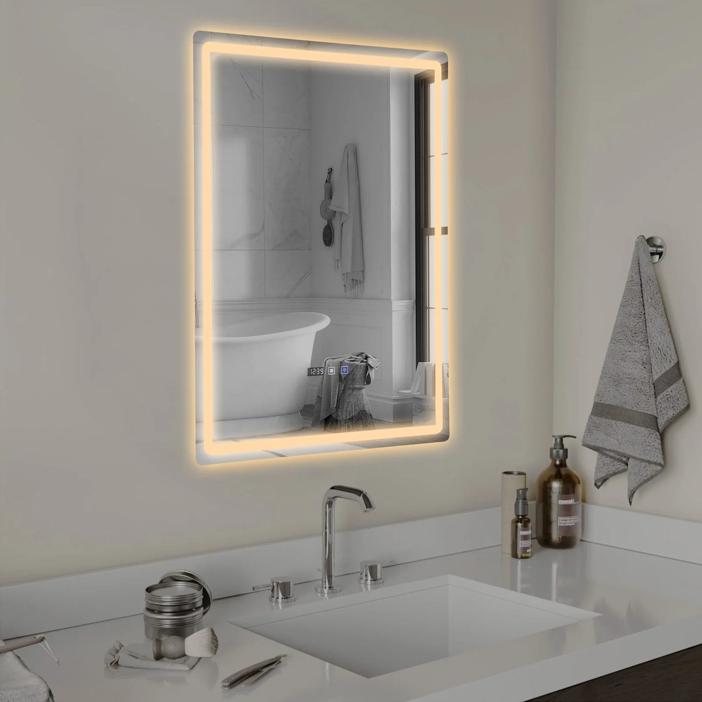 Tri-Color Dimmable LED Bathroom Mirror with Display Demist Touch IP54 Waterproof Wall Mounted Rectangle Makeup Mirror 3 size