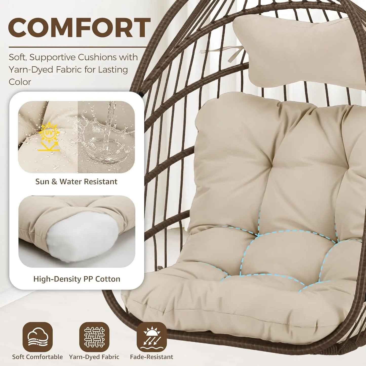 Outdoor Hanging Egg Chair Without Stand, Patio Wicker Swing Egg Basket Chairs with Padded Cushions, 350 Lbs Ceiling, Customized