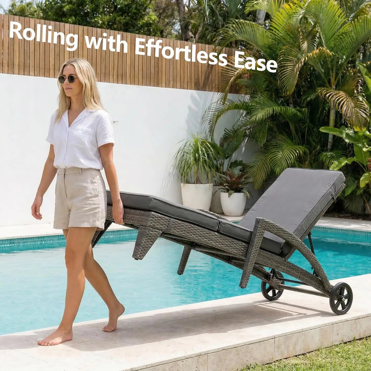 4-Position Adjustable Upholstered Chaise Lounge Set 2 Wicker Reclining Chair Wheels Pool Deck Beach Yard, Custom