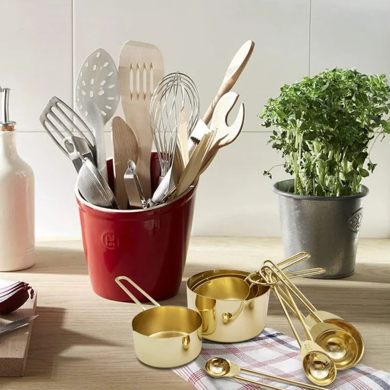 Gold Measuring Cups And Spoons 8 Pieces With Wooden Handles