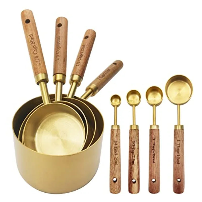 Gold Measuring Cups And Spoons 8 Pieces With Wooden Handles