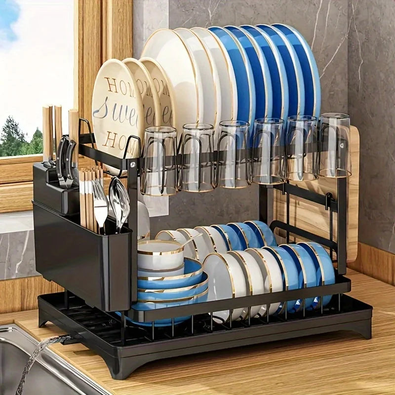 Kitchen Utensil Drying Rack with Drainage Tray, 2 Tier Detachable Dish Rack for Kitchen Counter, Large Capacity Dish Drainer Org