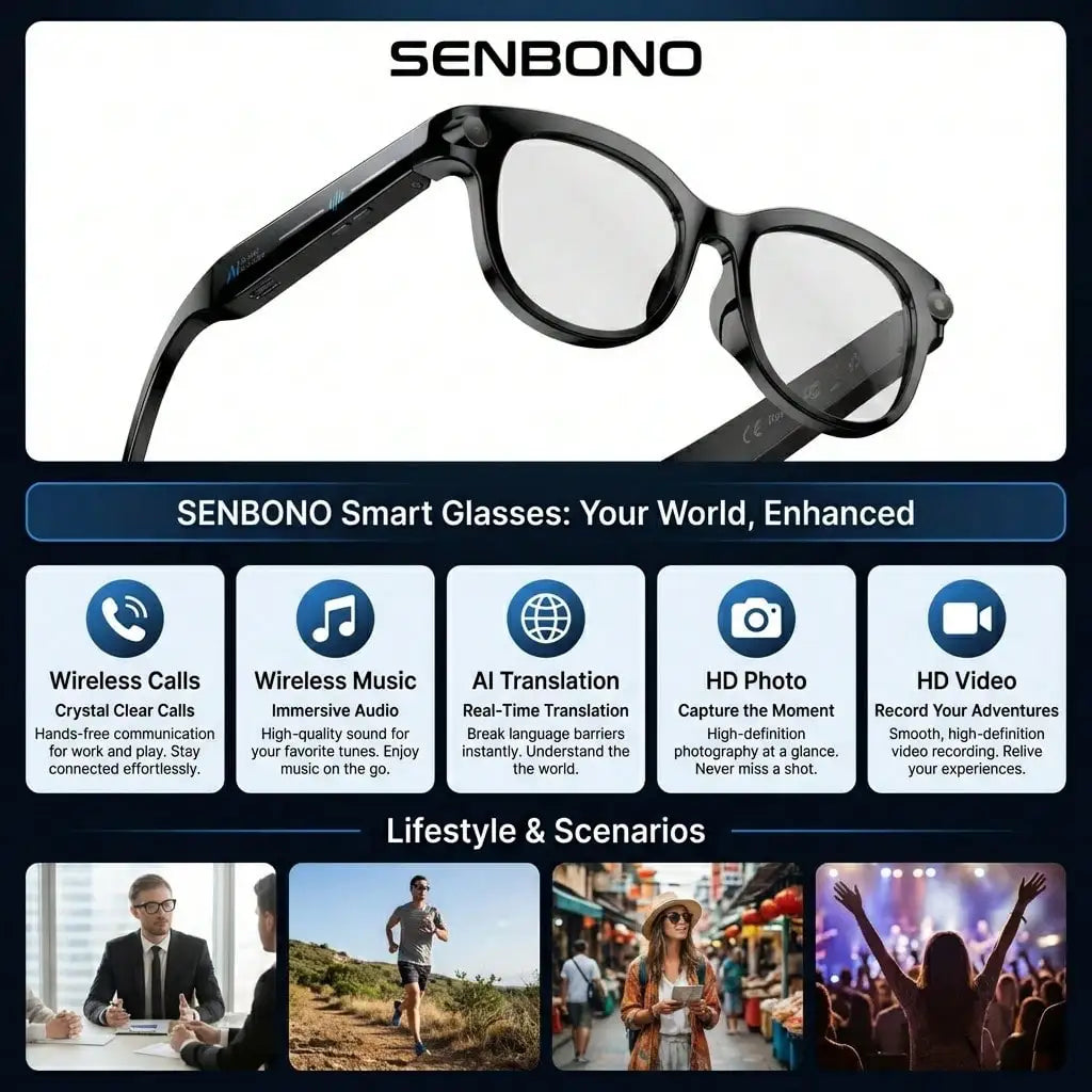 SENBONO AI Smart Glasses for Men Women 200W HD Camera 1080P 4K Video AI Voice Assistant Translation Music Playback Sunglasses