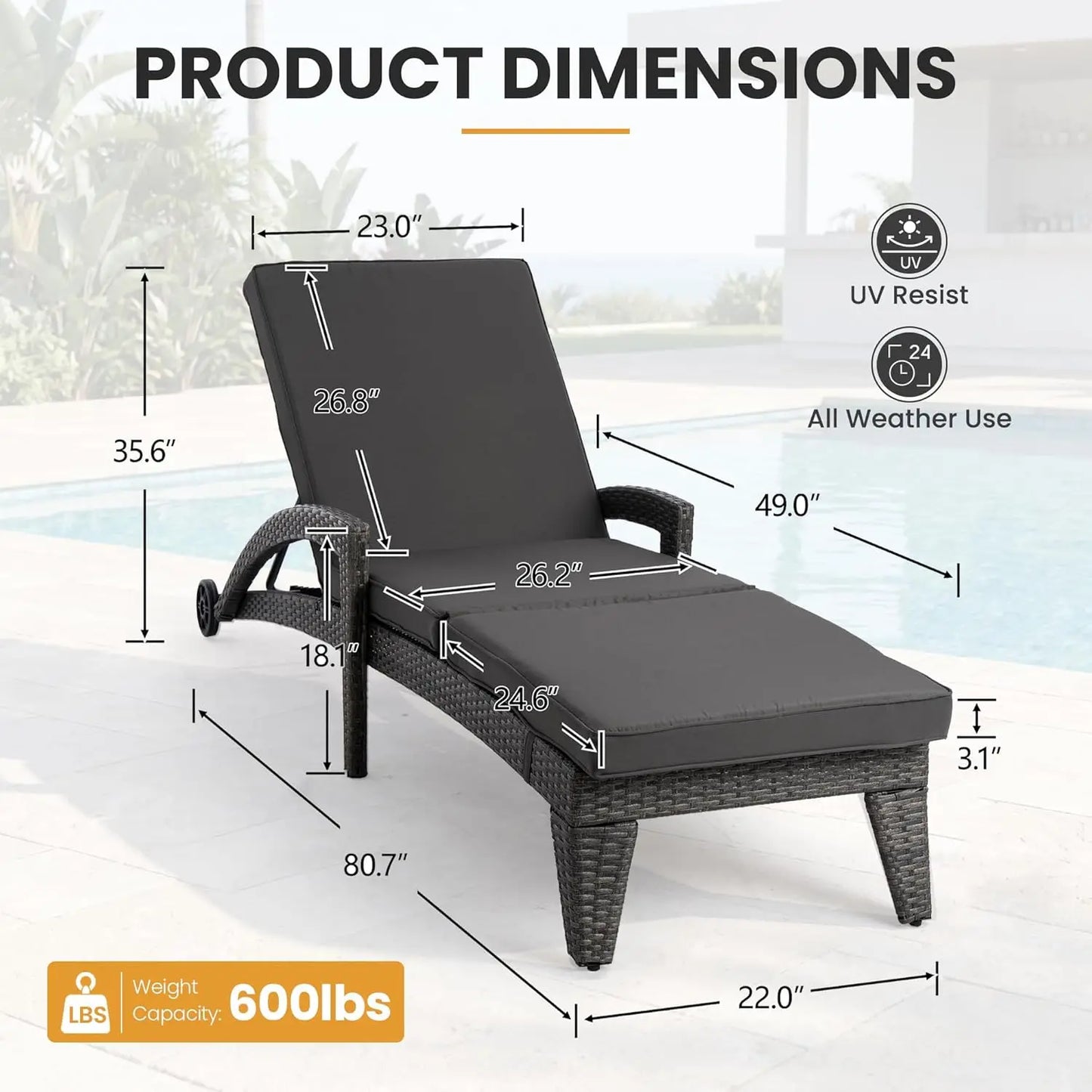 4-Position Adjustable Upholstered Chaise Lounge Set 2 Wicker Reclining Chair Wheels Pool Deck Beach Yard, Custom