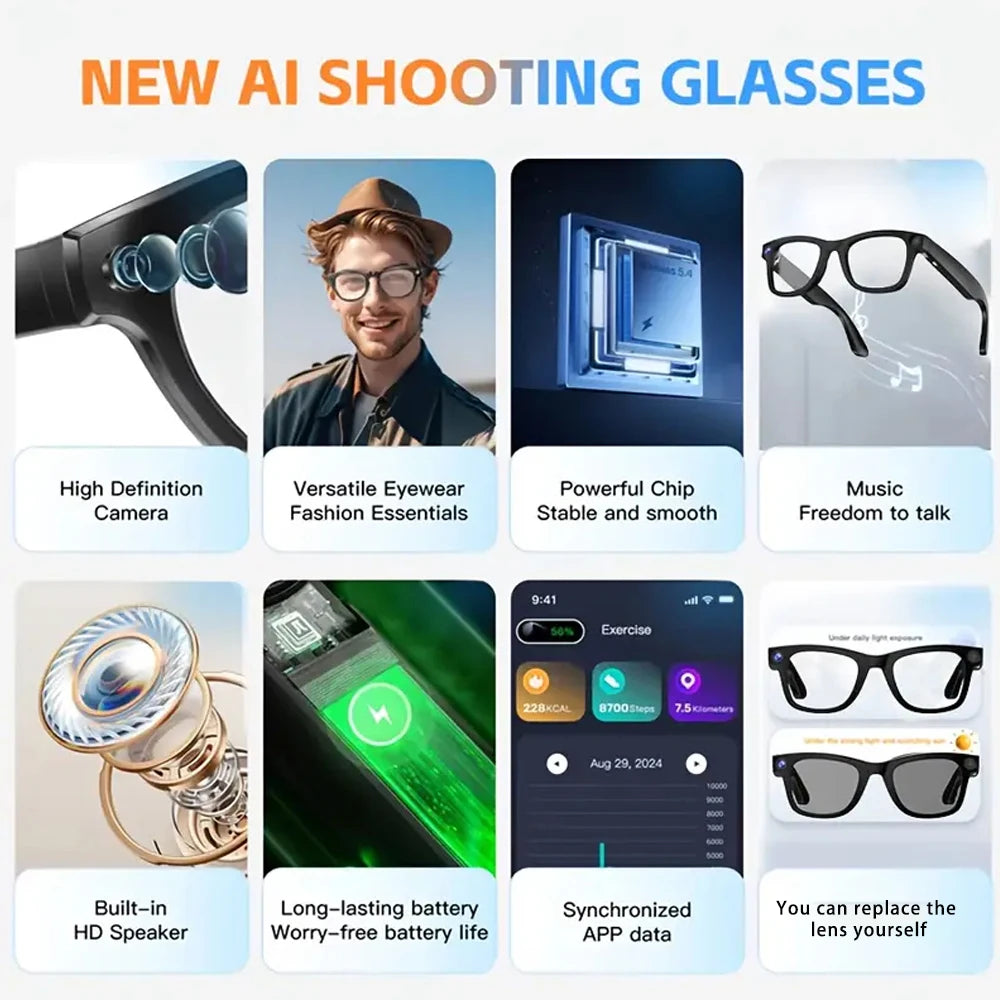 SENBONO Smart Glasses With AI Translator 8MP Camera 4K HD Take Videos And Photo Sunglasses BT Call for Men Women Fashion Glasses
