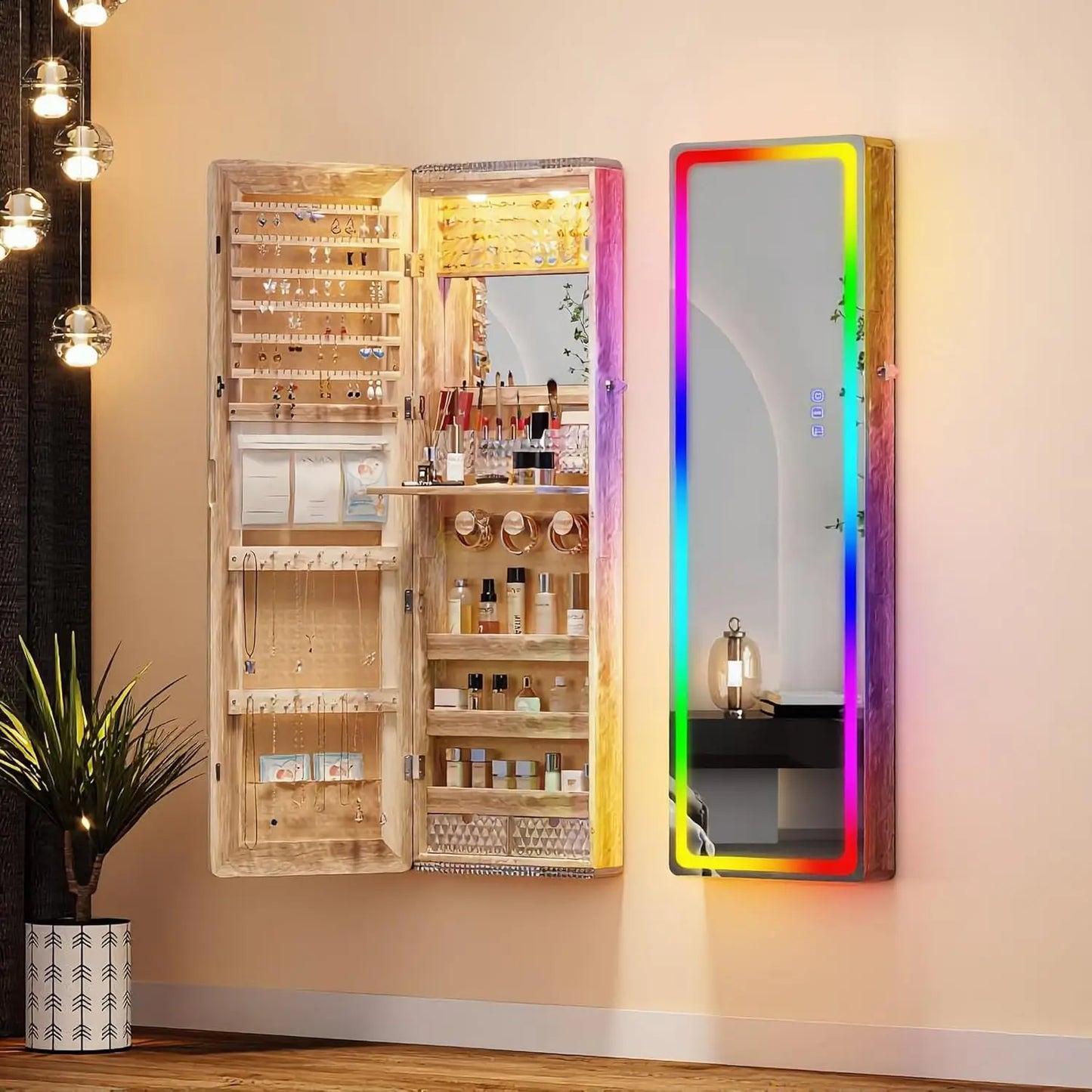 LED Mirror Jewelry Cabinet - with RGB lights,Lockable Wall/Door Mounted Full Length Mirror with Storage,Hanging, Customized