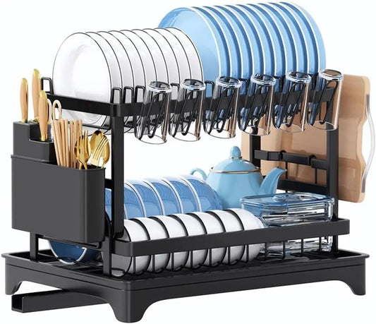 Kitchen Utensil Drying Rack with Drainage Tray, 2 Tier Detachable Dish Rack for Kitchen Counter, Large Capacity Dish Drainer Org