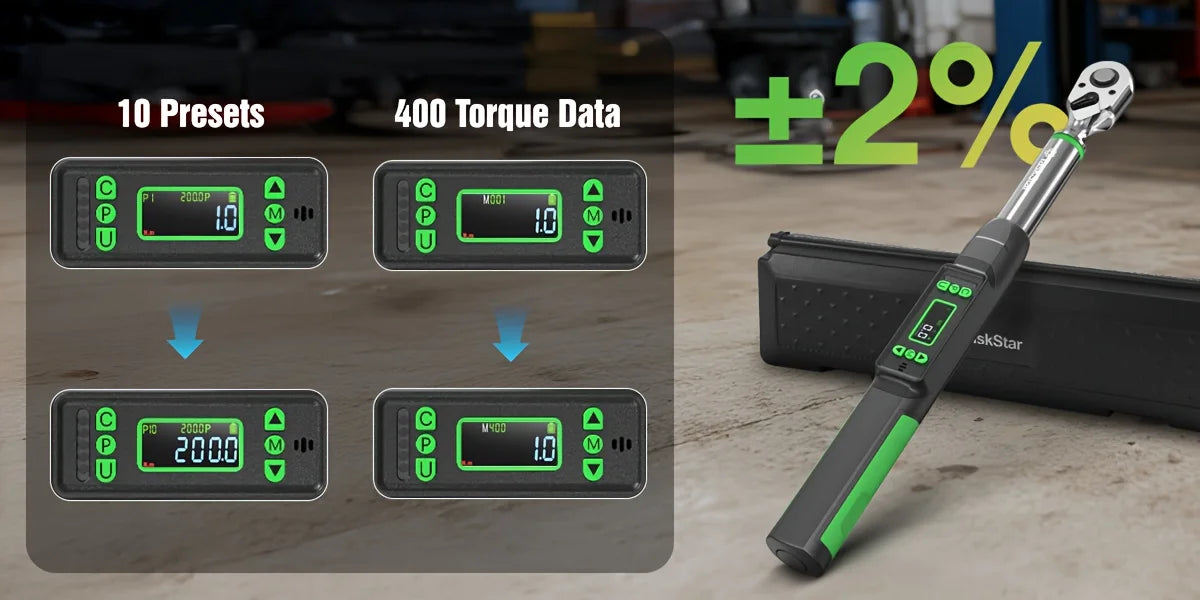 TaskStar 3/8'' Digital Torque Wrench w/1/4 1/2-inch Adapter Bidirectional Ratchet Head Mini Electronic Torque Wrench 2% Accuracy