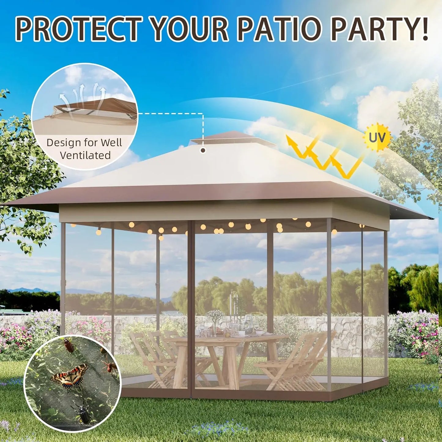 13x13 Pop Up Gazebo with Mosquito Netting, Easy 1-Person Setup, Water-Resistant Backyard Canopy for Family Patio, Customized