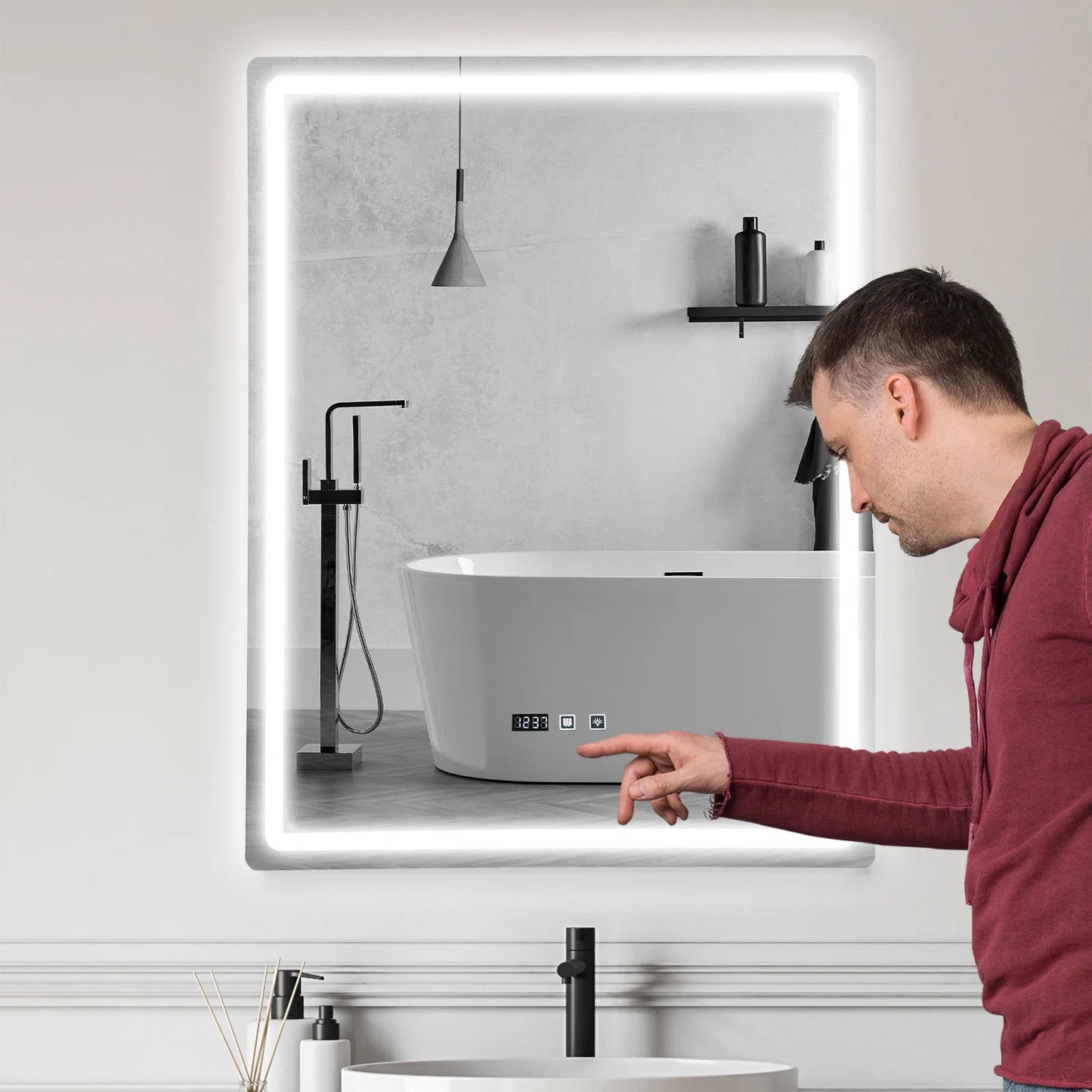 Tri-Color Dimmable LED Bathroom Mirror with Display Demist Touch IP54 Waterproof Wall Mounted Rectangle Makeup Mirror 3 size