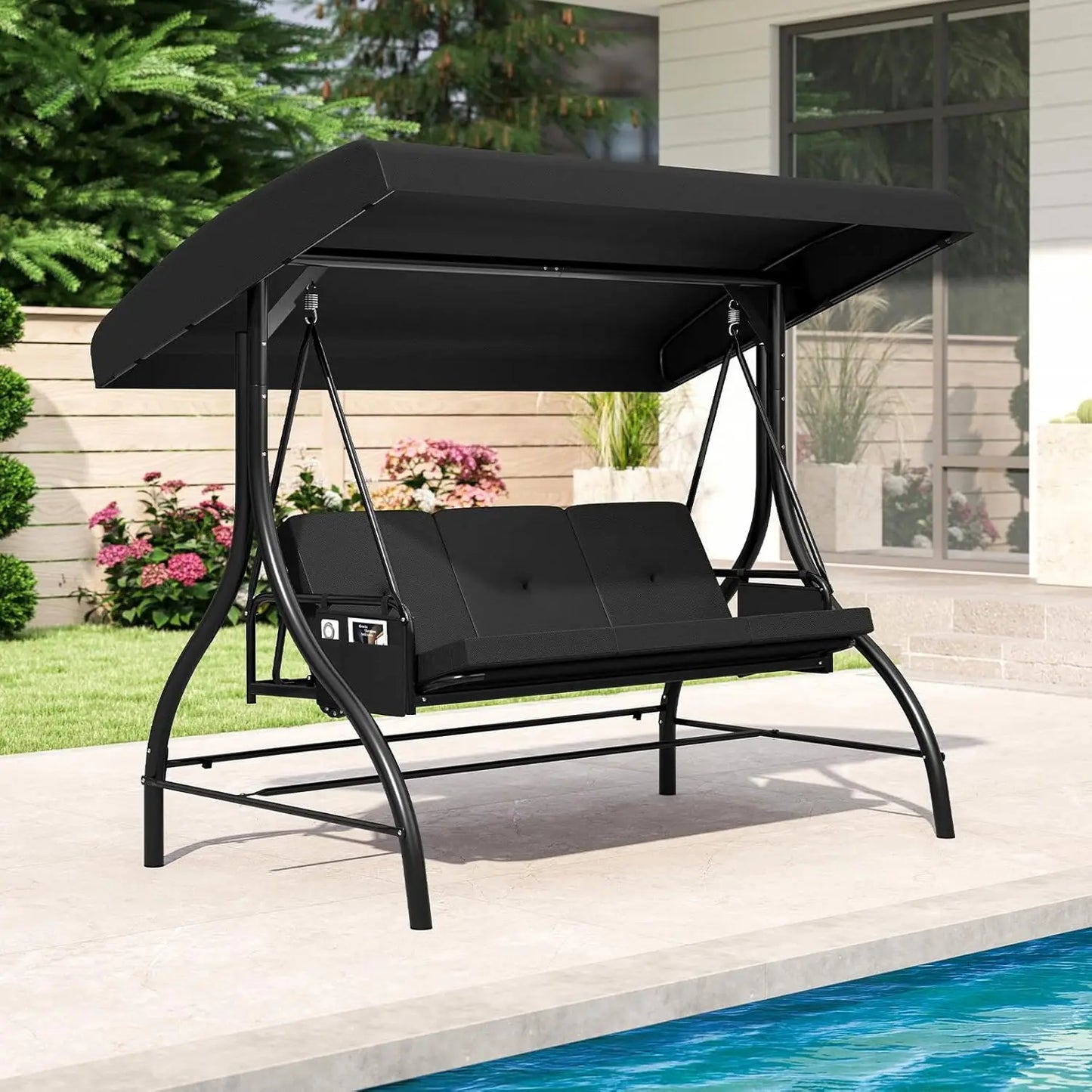 3 Person Porch Swing, 2-in-1 Convertible Outdoor Swing with Adjustable Canopy, Removable Cushions, Metal Frame,, Customized