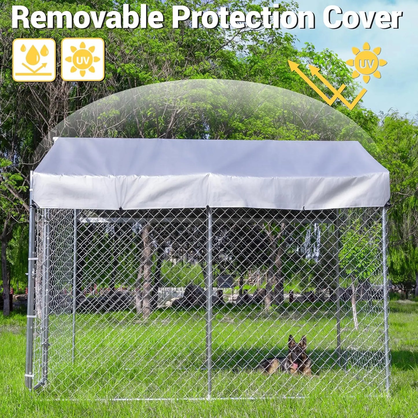 Extra Large Outdoor Dog Kennel, Anti-Rust Galvanized Chain Link Dog Run with Roof, Waterproof UV-Resistant Cover & Secure Lock