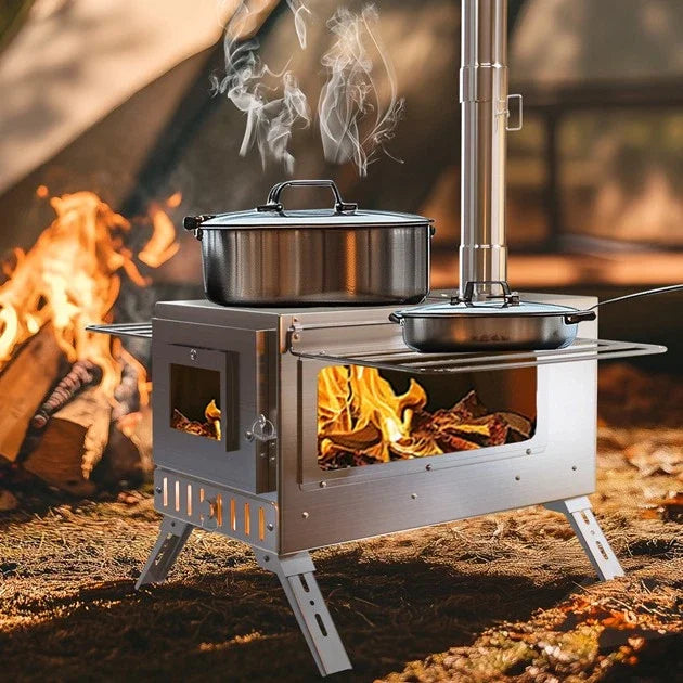 Wood Burning Tent Stove Portable With Stainless Chimney Pipes For Outdoors