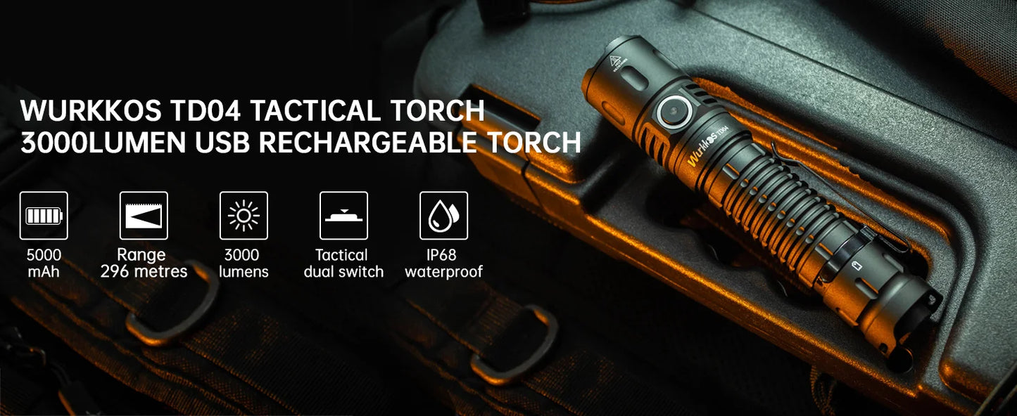 Wurkkos TD04 Flashlight 21700 Rechargeable Dual-Mode Tactical Flashlight USB-C Interface 3000 Lm Everyday Carry with Tail Switch