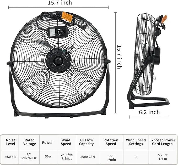 20 Inch Floor Fan, 3 Speeds 4800 CFM High Velocity Heavy Duty Industrial Fan, 360° Adjustable Tilt,Cooling for Industrial Home